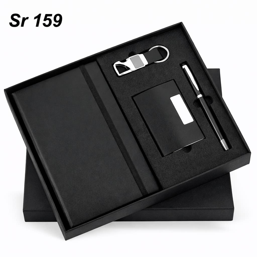 Gift Set – Black Elastic – 4-in-1 (A5 Diary + Pen + Keyring + Card Holder) – custom branded combo sets