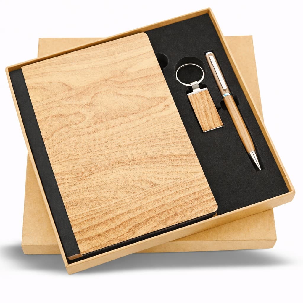 Gift Set – Wooden Diary – 3-in-1 (A5 Diary + Pen + Keyring) – custom branded combo sets