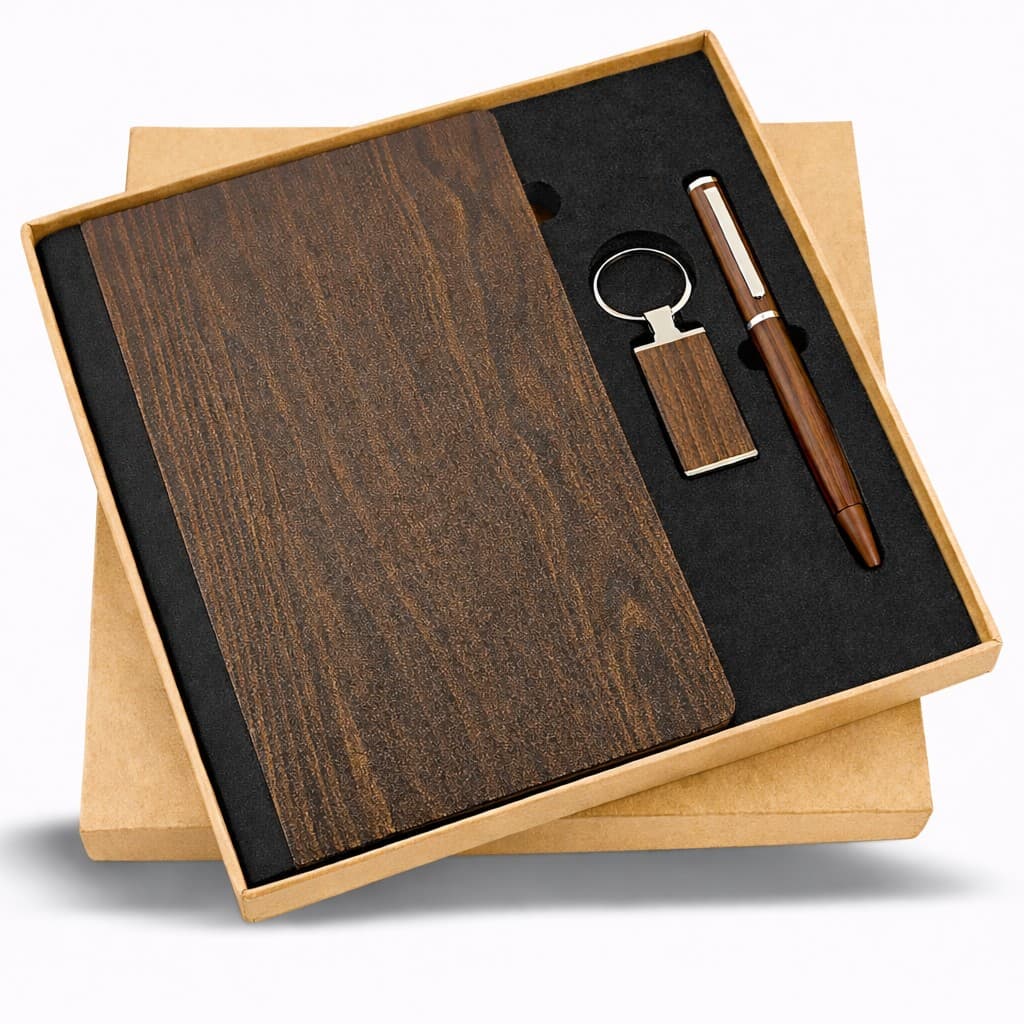 Gift Set – Wooden Diary Dark – 3-in-1 (A5 Diary + Pen + Keyring) – custom branded combo sets