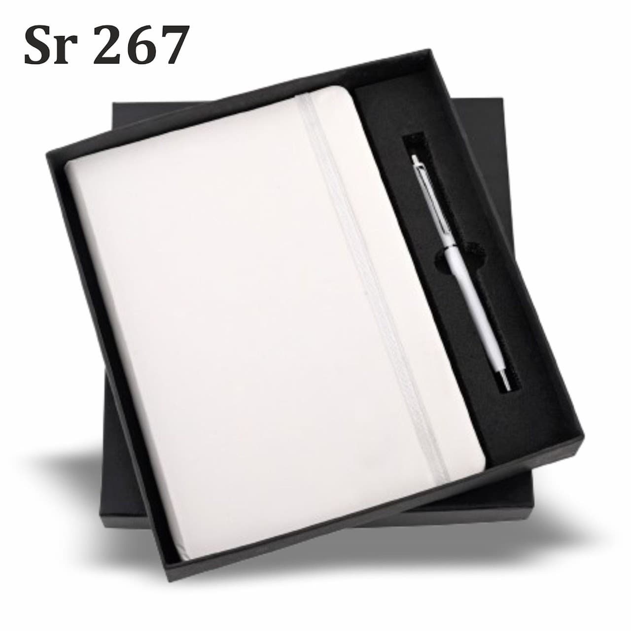 Sr 267 - Gift Set – Elastic Diary White – 2-in-1 (A5 Diary + Pen) – custom branded combo sets