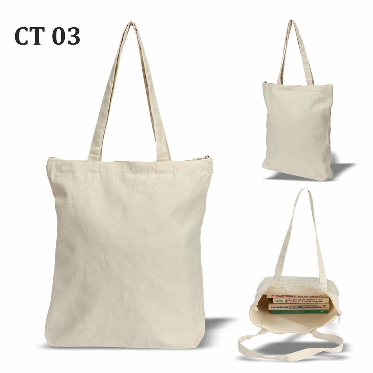 Cotton Tote Bag – White with Zipper (300 GSM) - 40 × 37 × 8 cm – custom branded bags