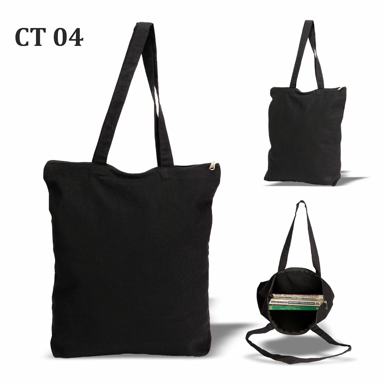 Cotton Tote Bag – Black with Zipper (300 GSM) - 40 × 37 × 8 cm – custom branded bags