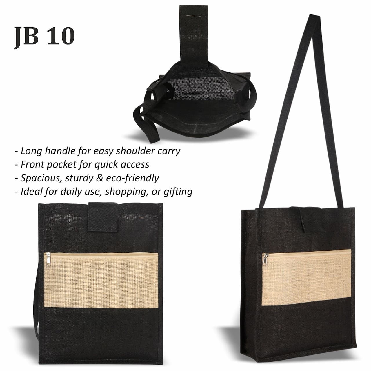 Jute Bag – Long Handle (Black) - 30 × 8 × 39 cm (12 × 3.15 x 15.35 in) – custom branded bags